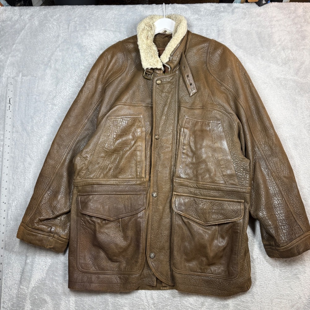 Vintage Marco Pierguidi Leather Jacket Mens 52 Brown Shearling Collar Italy 90s
